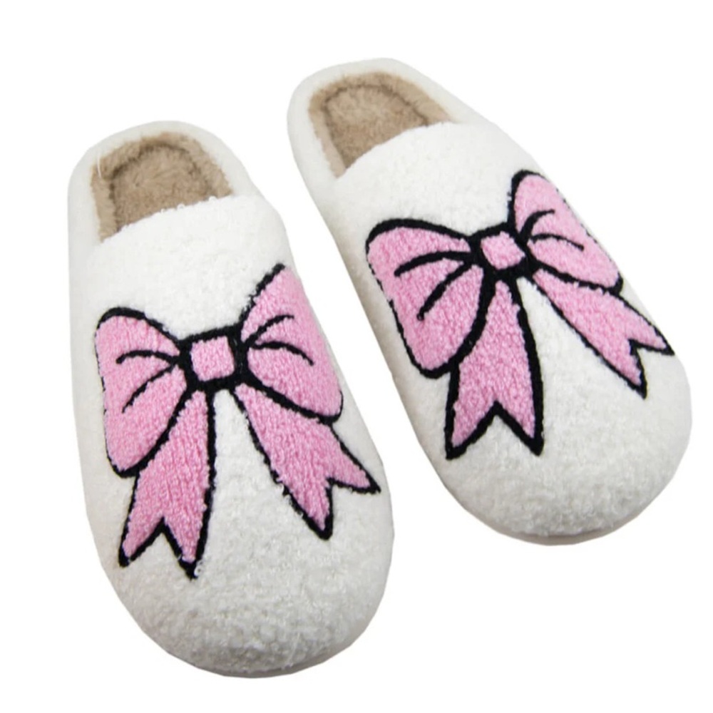 Katydid White and Pink Bow Slippers
